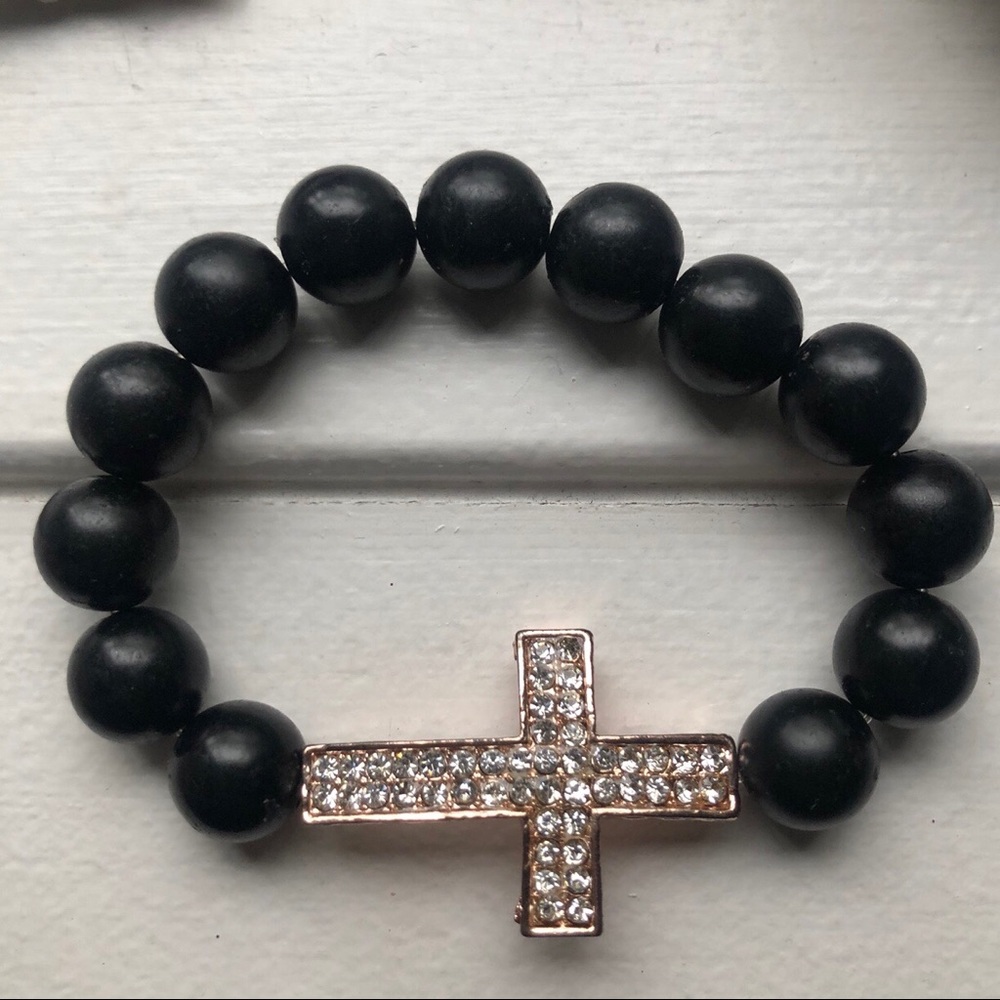 Black Beaded Rose Gold Cross Bracelet